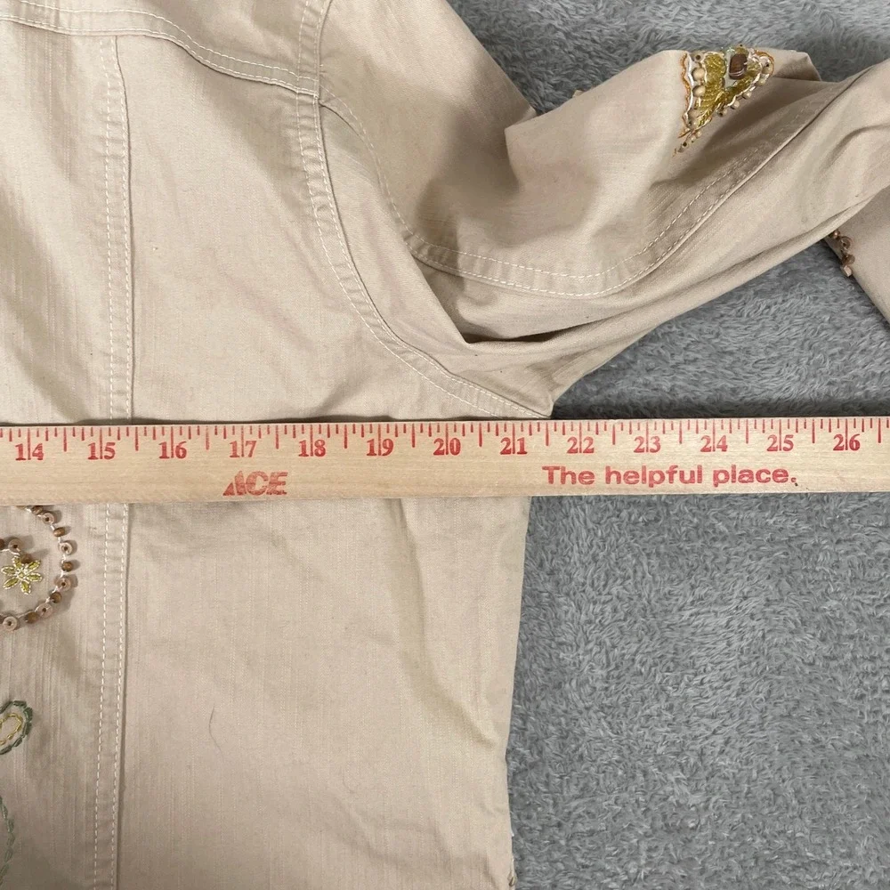 Graff Denim Jacket Womens Medium Tan Floral Embroidered Beaded Boho Art to Wear - Picture 6 of 8